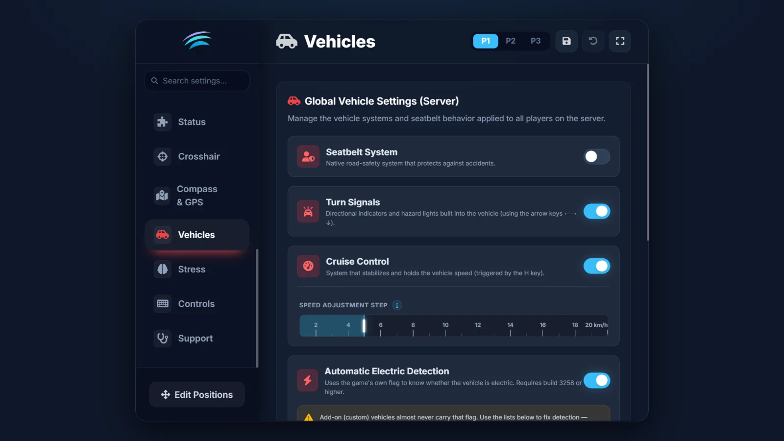 An admin tab: server-wide vehicle settings, with the admin zone marked red throughout